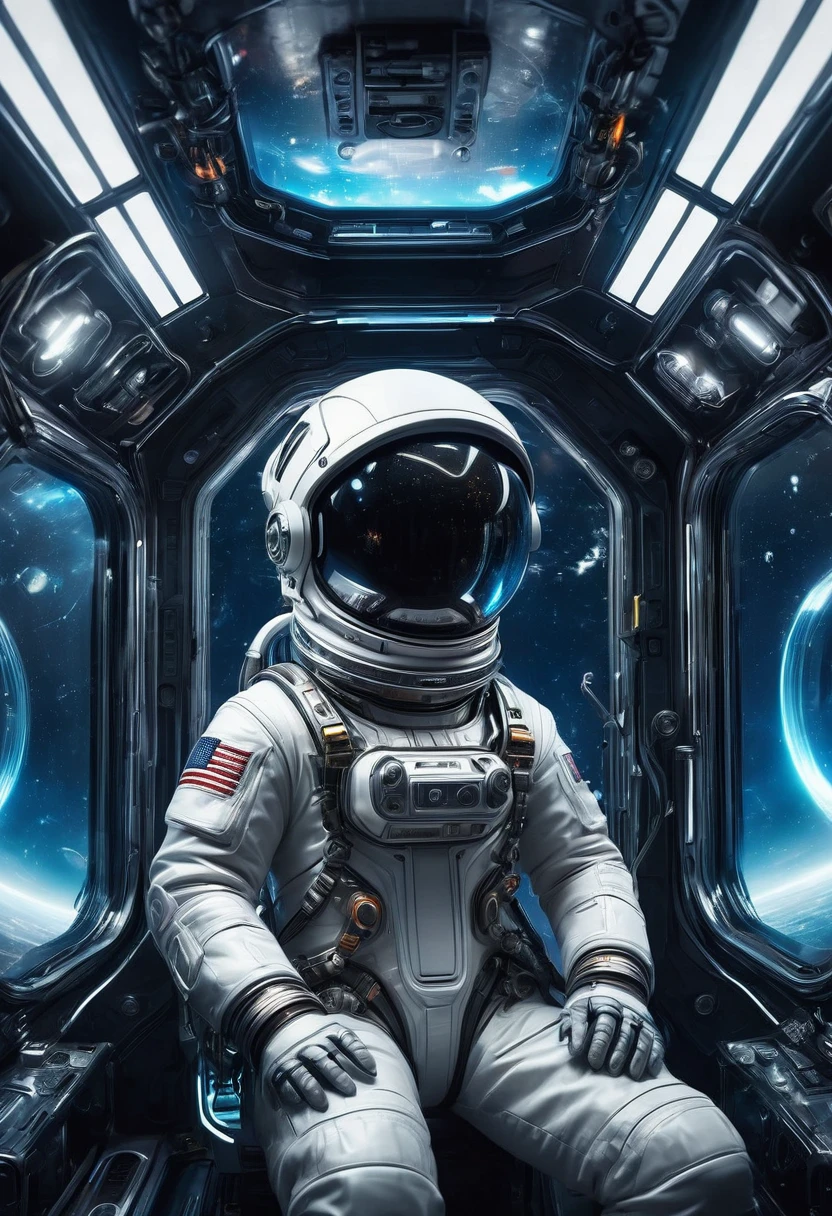 a futuristic astronaut in a space capsule, Control panel, high-tech interior, metal and glass materials, atmospheric lighting, dramatic cinematic composition, intricate details, photorealistic, concept art style,(float。Suspension。weightlessness。)