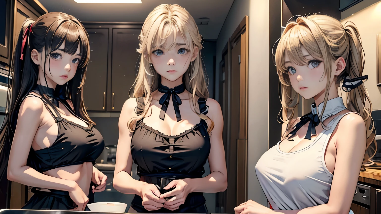 age girls(masterpiece:1.4)、(in 8K、realisti、RAW-Foto、top quality:1.4)、(real face:1.4)、(Real looking skin:1.3)、A high resolution、Eine hyperrealistie、Brown eyes with beautiful details、blonde wavy hair、Tanktops、not good、high level of detail、(with medium-sized breasts:1.5)、Décolleté of the breast、Blush、A frustrated facial expression、neck ribbon、Stand、kitchen, sexly