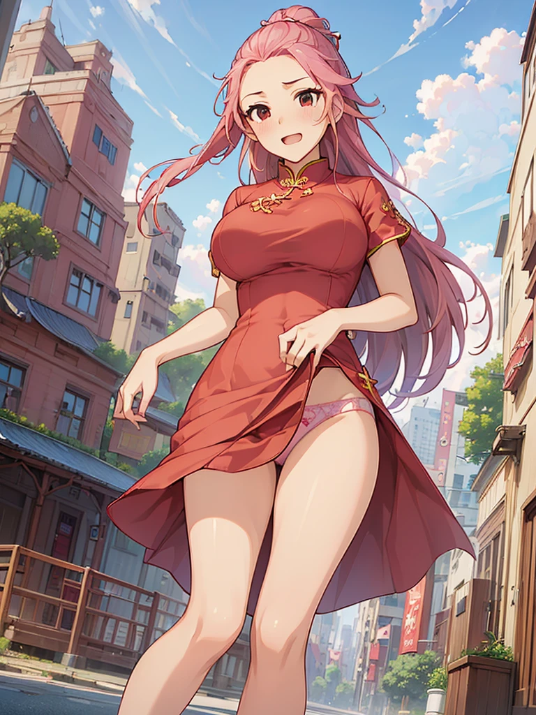 ((masterpiece) (((((Highest quality))))((high resolution))))), Very detailed, Ultra-realistic, 、Pink Hair)、、、City、building、、(、Embarrassed face、a、、(panties))、((Red China DRESS))、、Low angle、tights、From below、Lift your legs、Forehead、Big Breasts