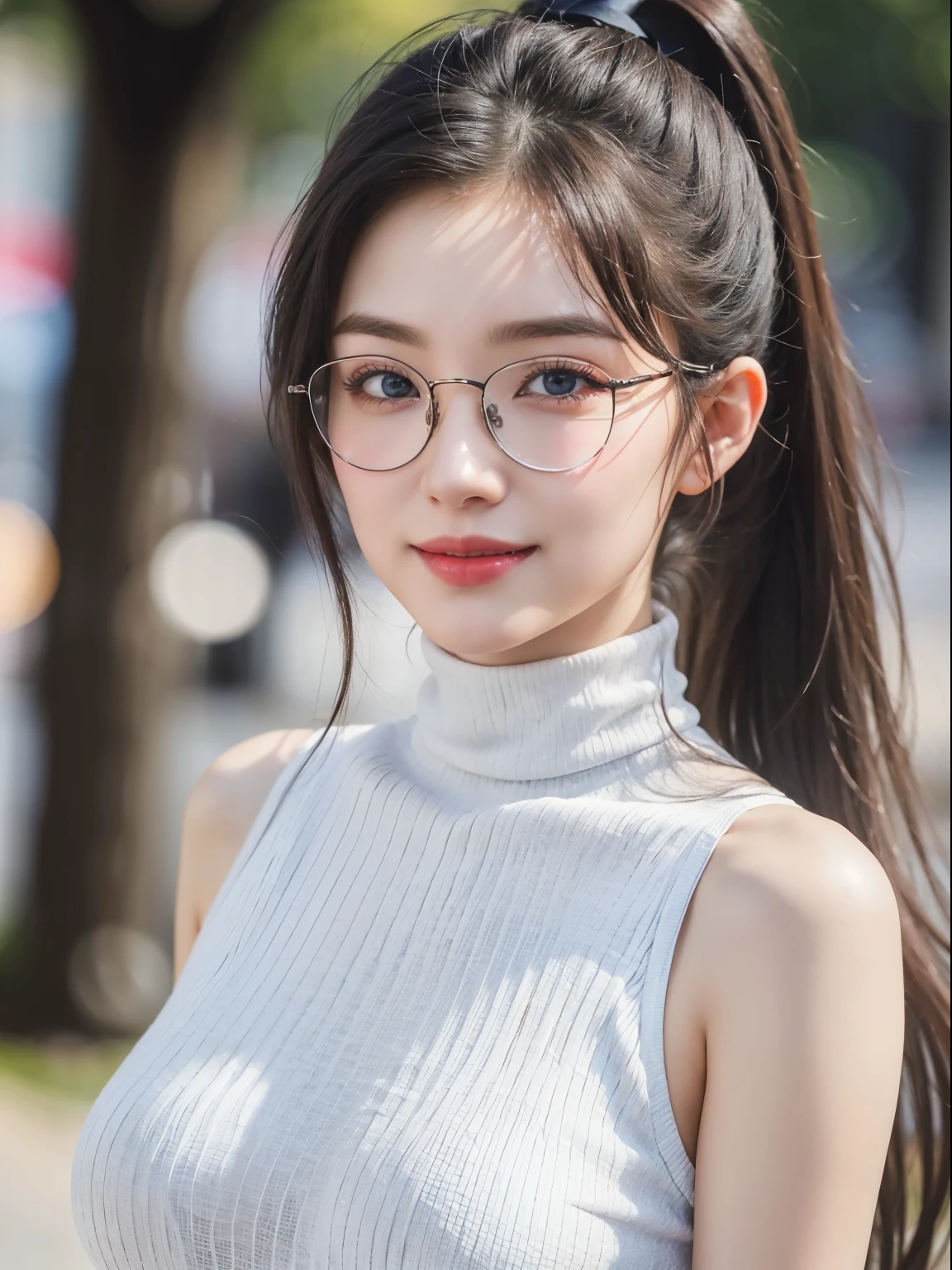 (Best quality, masterpiece, detailed), (RAW, 4k, hd images), 1 girl, , white skin, long hair, ponytail, layers hair, bangs, black hair, beautiful girl, cute girl, sweet girl, pretty girl, perfect girl, perfect body, pretty eyes, blue eyes, thin lips, (eye line, lip soft), perfect breast, glasses(detailed frame), outdoors, smile, turtleneck, selfie, upper body,