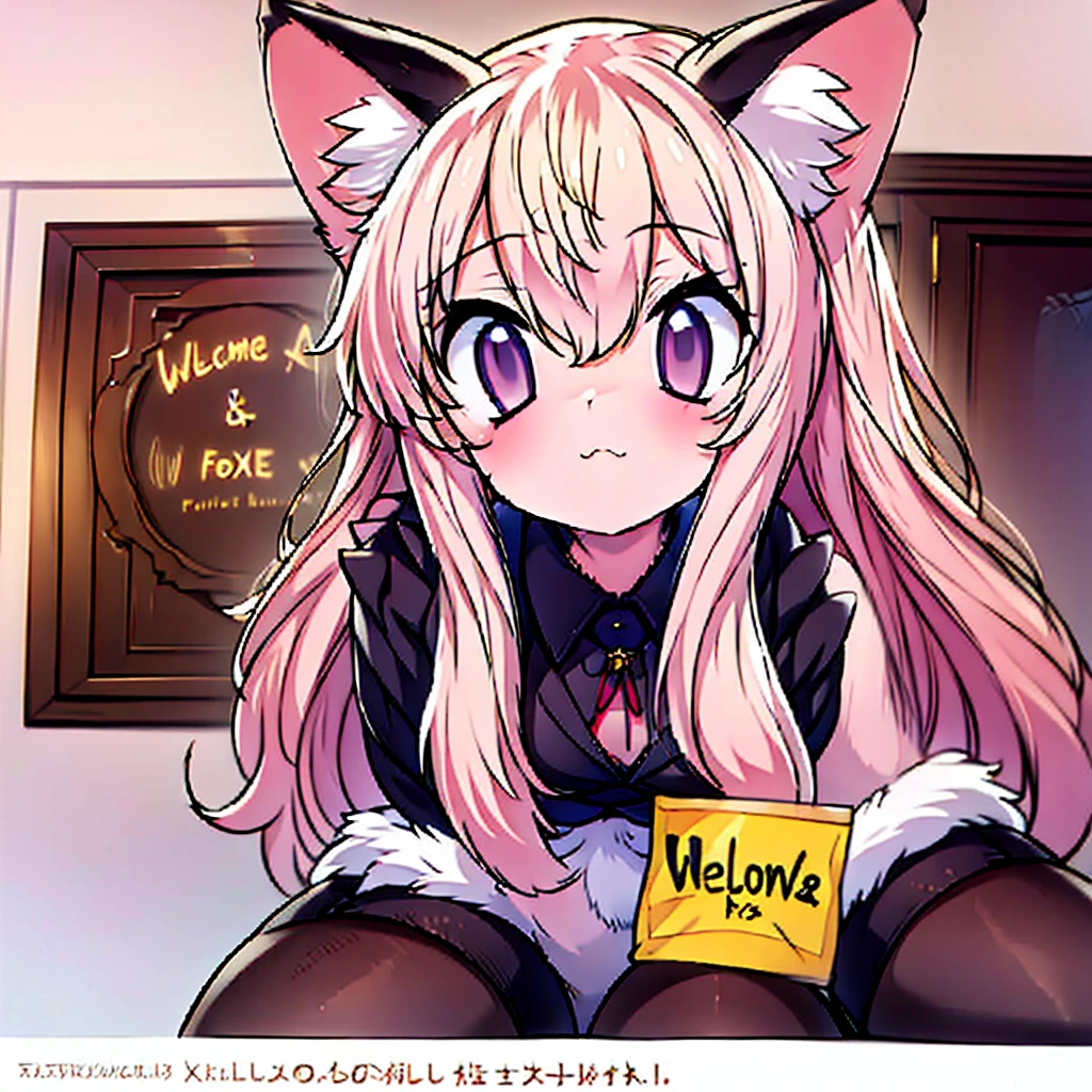 A girl holds a written sign "welcome!!!", facing the camera, long  hair,animal ears, bangss, fox ears, gazing at viewer, fox tail,