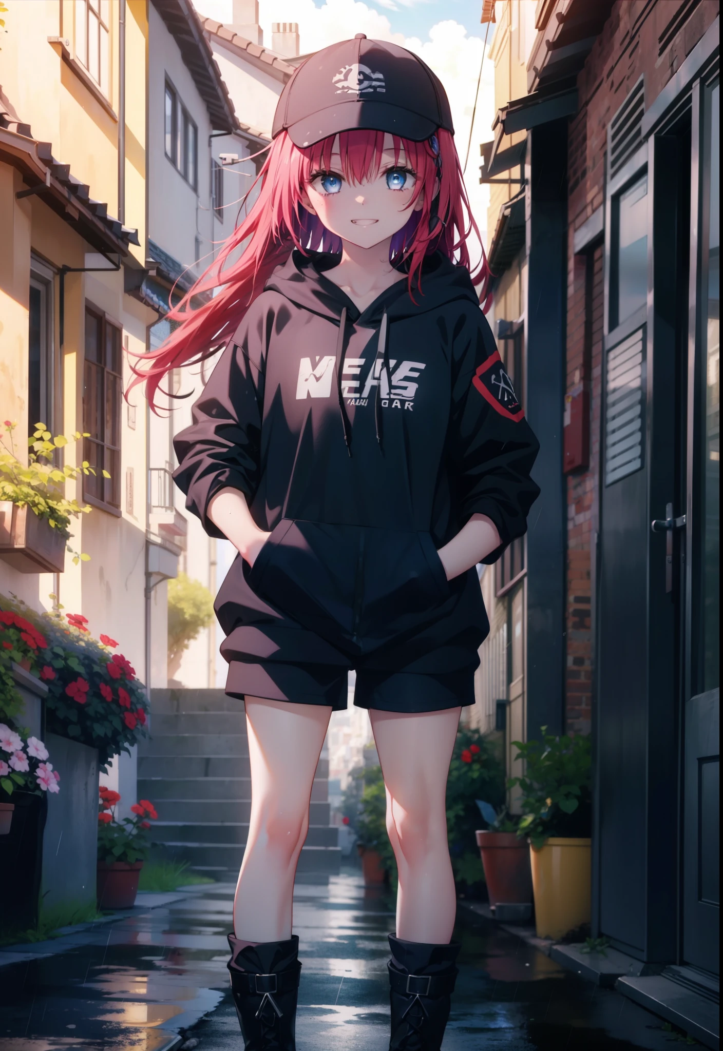 (masterpiece, Highest quality:1.2),shape,8K,High resolution,mea kurosaki,Mea Kurosaki,Redhead,Long Hair,Purple eyes,1 Girl,Baseball hats,Oversized black hoodie,Black shorts,short boots,Grin,smile,Both hands are in the pockets of the hoodie,graffiti,Hiding in a roofed building,Standing leaning against a wall,rain,night,cloudy,whole bodyがイラストに入るように,
break looking at viewer,whole body,
break outdoors, Alley,
break (masterpiece:1.2), Highest quality, High resolution, ユニティ 8K 壁紙, (shape:0.8), (Beautiful and beautiful eyes:1.6), Highly detailed face, Perfect lighting, Highly detailed CG, (Perfect hands, Perfect Anatomy),