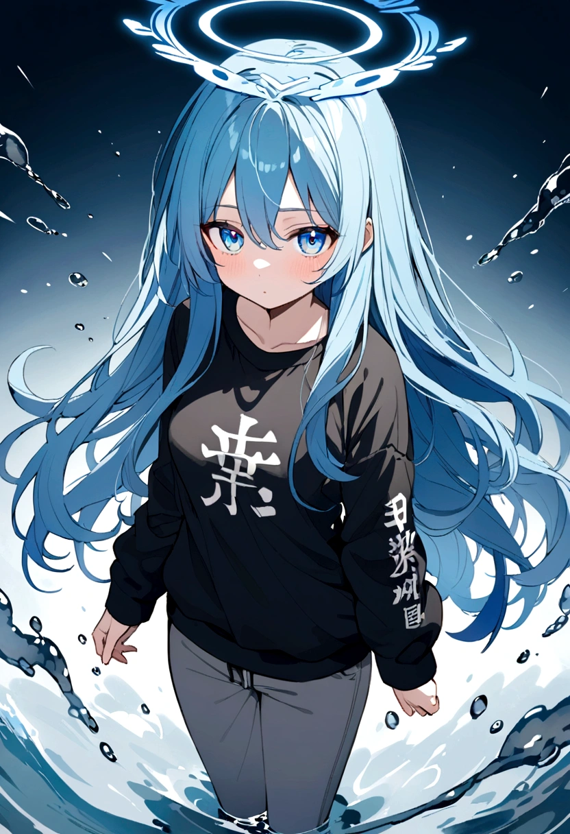 anime girl has blue long hair, drop of water drawn on the pupil, light blue eyes, a sweatshirt with the kanji 水, grey pants, with wings made of water, a blue halo on the head made of water