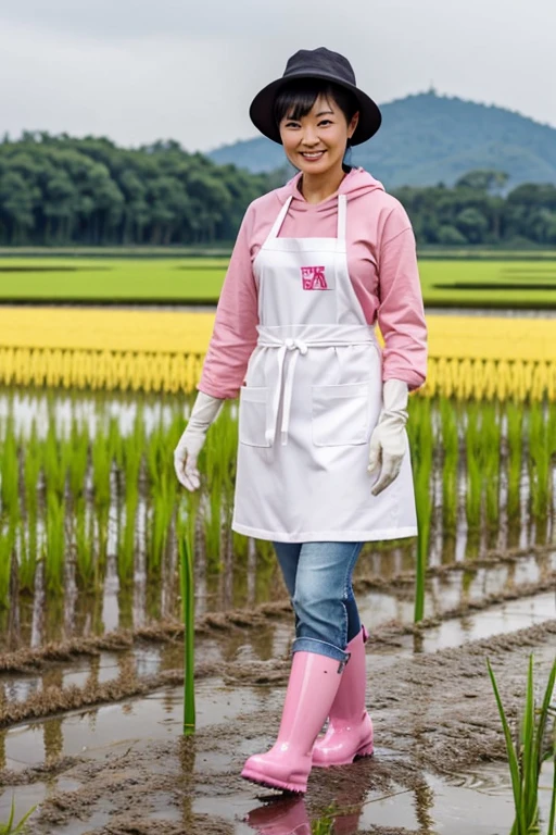 A broad-forehead, black-haired Japanese mature woman wearing pink long rubber gloves, white rubber boots, a white apron, a hat, jeans and a sweatshirt walking through a rice field with a gentle smile
