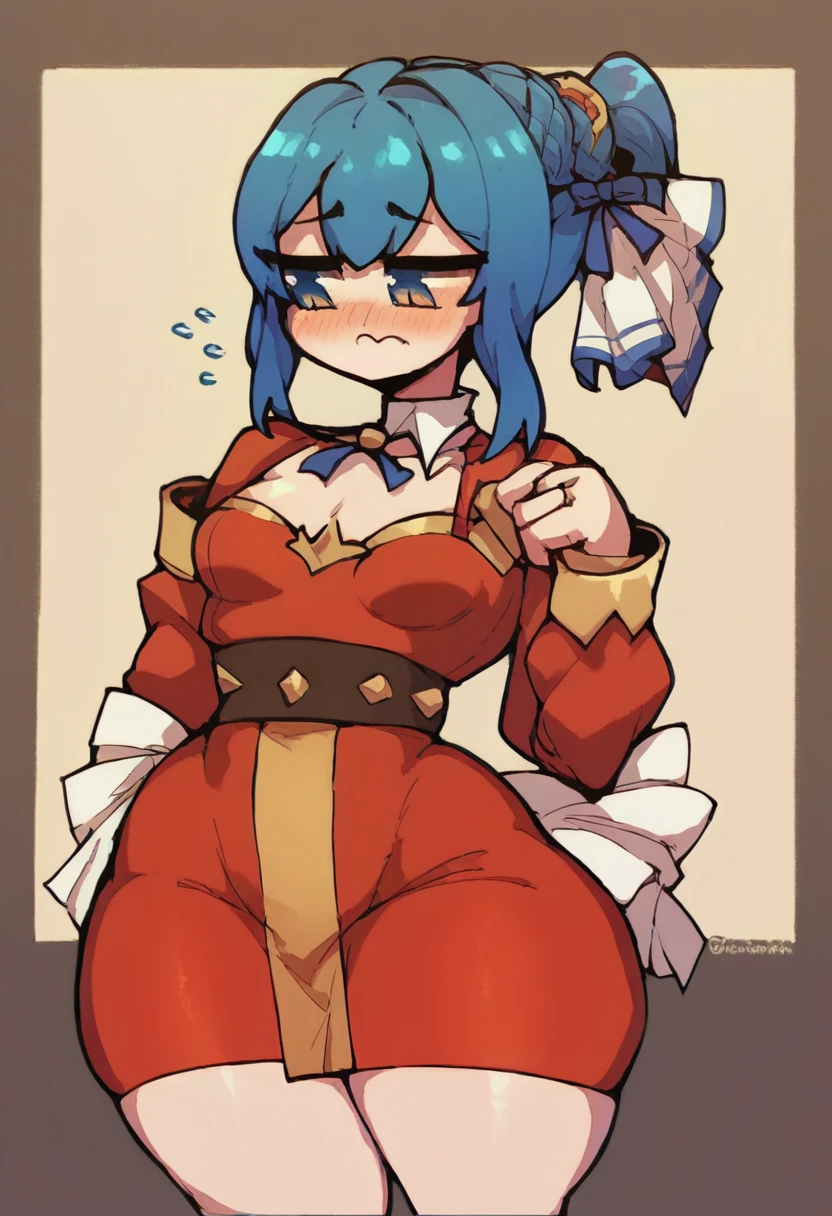 (best quality,masterpiece) thicc, 1 girl, small breasts, wide hips, thick thighs, shy, ponytail, blue hair, narrow waist
