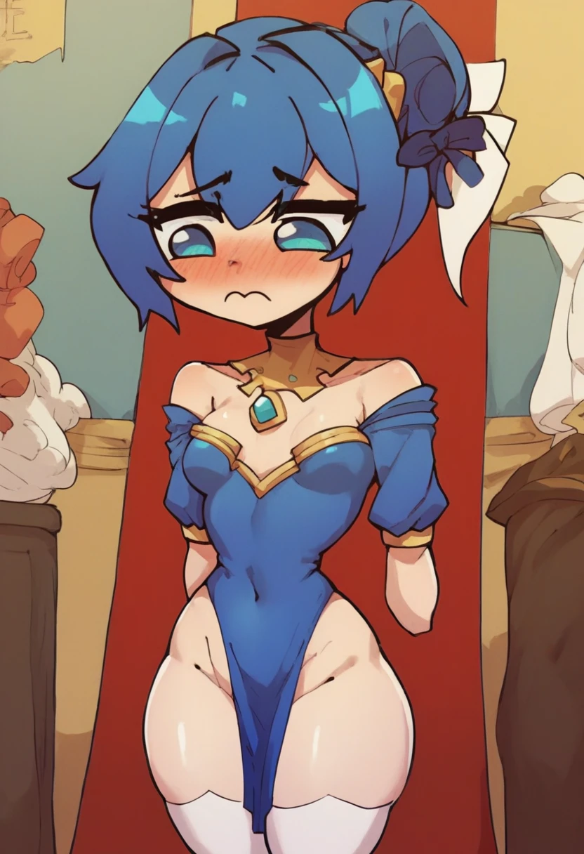 (best quality,masterpiece) thicc, 1 girl, small breasts, wide hips, thick thighs, shy, ponytail, blue hair, narrow waist