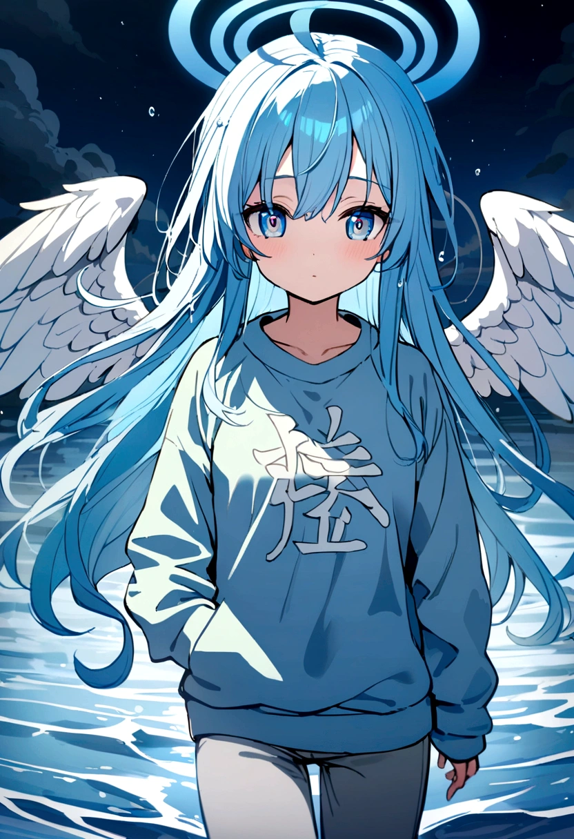 anime girl has blue long hair, drop of water drawn on the pupil, light blue eyes, a sweatshirt with the kanji 水, grey pants, with wings made of water, a blue halo on the head made of water