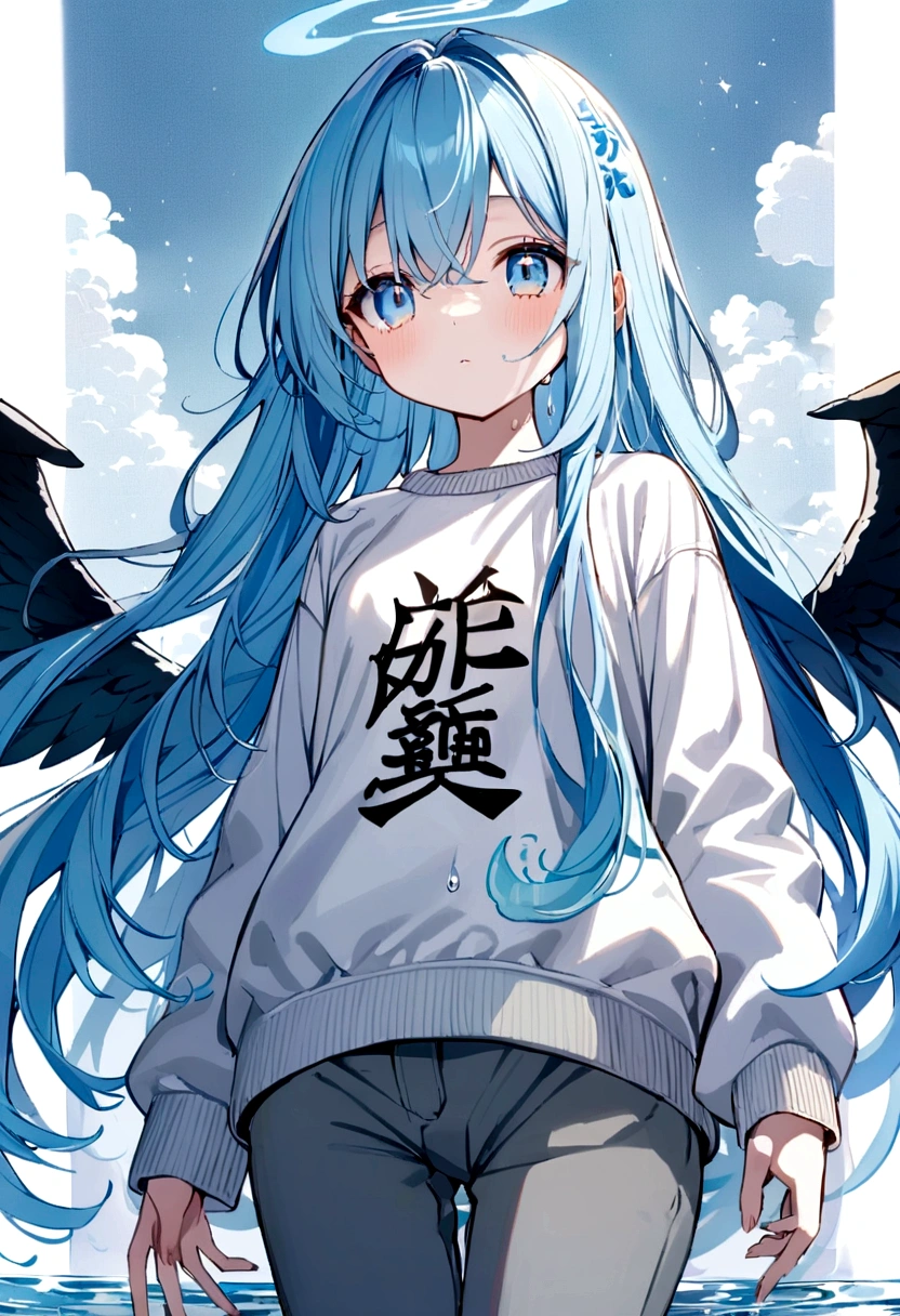 anime girl has blue long hair, drop of water drawn on the pupil, light blue eyes, a sweatshirt with the kanji 水, grey pants, with wings made of water, a blue halo on the head made of water