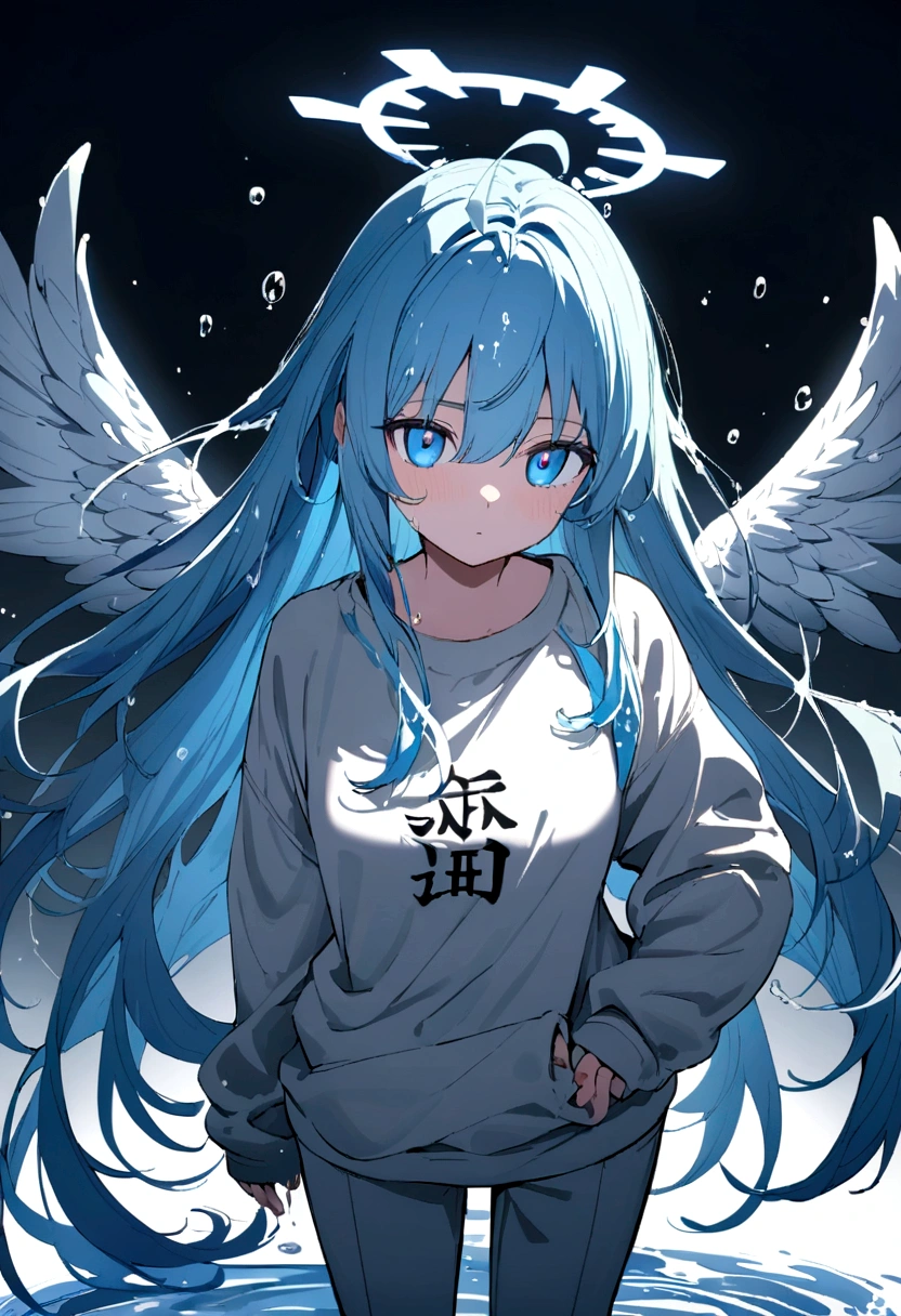 anime girl has blue long hair, drop of water drawn on the pupil, light blue eyes, a sweatshirt with the kanji 水, grey pants, with wings made of water, a blue halo on the head made of water