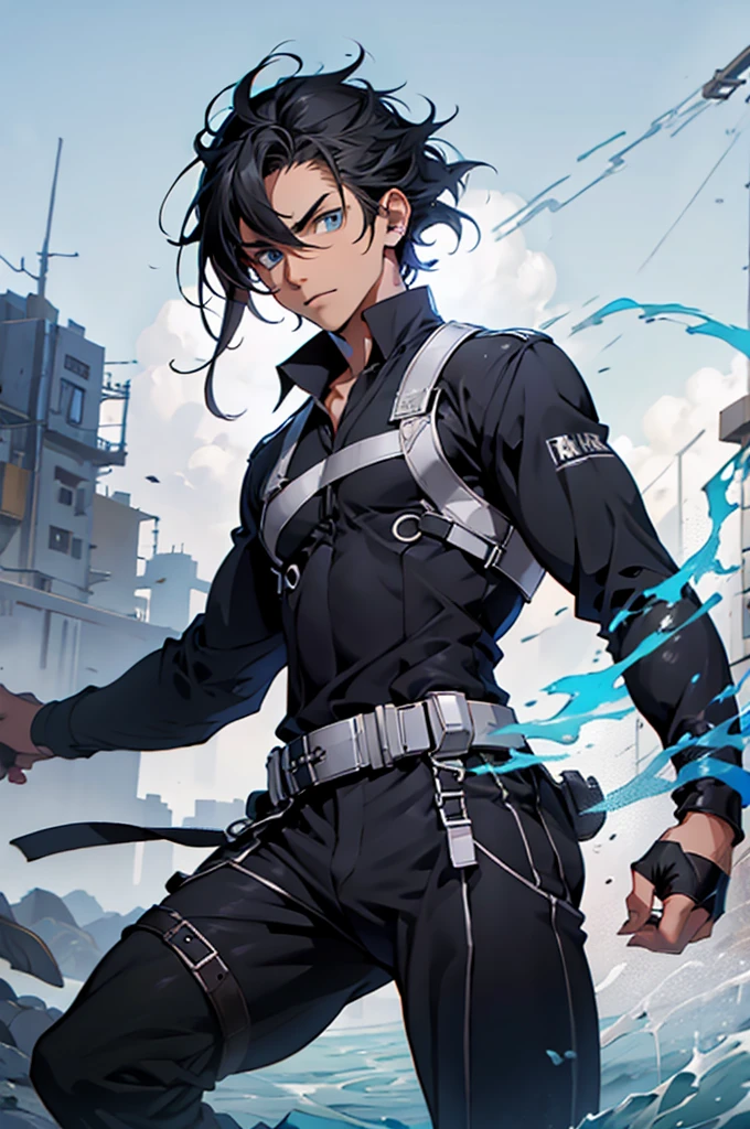 1 teen boy, blue eyes, black hair, silver uniform, magic powers