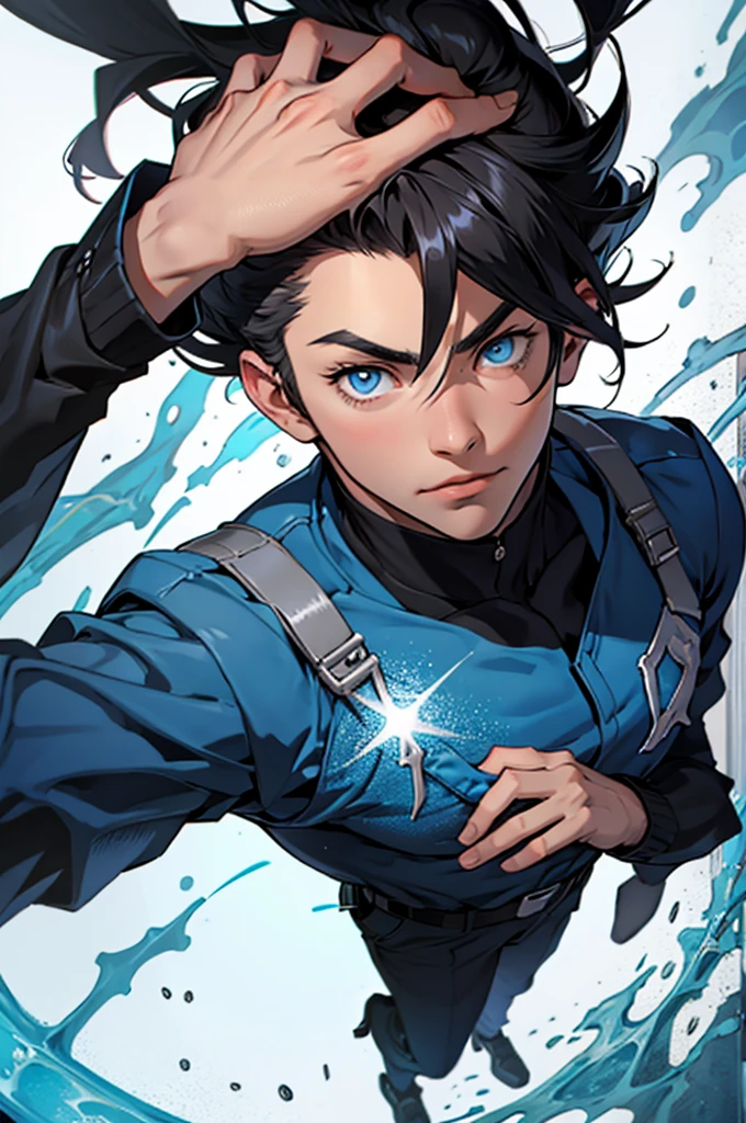 1 teen boy, blue eyes, black hair, silver uniform, magic powers