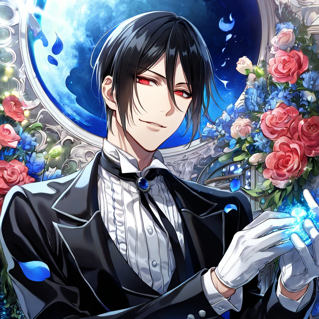 absurdres, highres, ultra detailed, HDR, master piece, Sebastian Michaelis, black hair, expressive red eyes, white gloves, black shirt, Kuroshitsuji, man, handsome, best quality, blue moon, flowers, fantasy, magical, solo, water, blue shining fireflies, blue petals, black Butler clothes, handsome smile,