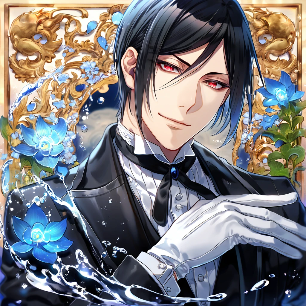 absurdres, highres, ultra detailed, HDR, master piece, Sebastian Michaelis, black hair, expressive red eyes, white gloves, black shirt, Kuroshitsuji, man, handsome, best quality, blue moon, flowers, fantasy, magical, solo, water, blue shining fireflies, blue petals, black Butler clothes, handsome smile,