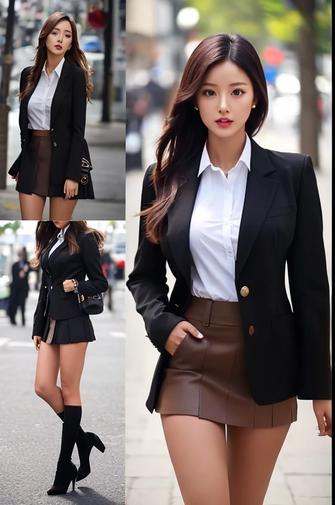 a 21 year old caucasian woman with her dark brown skin, she is the most beautiful actress in the world, the perfect body proportions of this woman, all she exposes her dark brown skin is only the lower than her crotch and her face, blazer is formally closed and buttoned up on her waist between shirt and short skirt, the panties between her bare legs under the short skirt are hidden just 99%, blazer is shorter 15cm than the bottom of short skirt, her large breasts are indirectly appealed it's bulge from inside the black clothes, her bare thighs, her bare knees, below her shins are out of this picture frame, her head is right below the top of this picture frame, all her body is looking forward to viewer, only one description of this picture, the japanese beauty with just a little african blood, at city street, she is standing, nsfw, best quality, highly detailed, masterpiece, ultra high res, photo realistic, 8k, RAW photo
