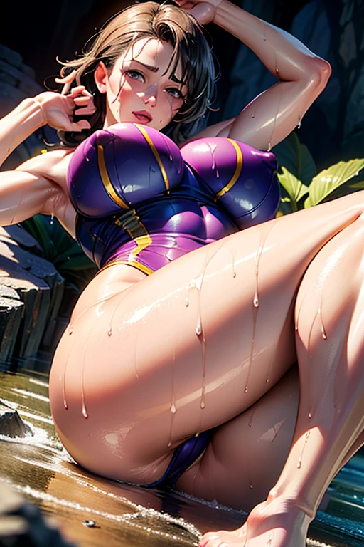 (Very detailed,Highest quality,4K,8K,16K,High resolution,masterpiece:1.5), (Perfect hands,Perfect Legs), (Realistic,photoRealistic,photo-Realistic:1.37),
One beautiful 50 year old woman, Cattleya_purple_High Leg_leotard,
Beautifully detailed sweat glands, Smooth skin texture, Carefully drawn,
Outstanding proportions, Lively expressions, (Big Breasts), (Big Ass), ((Sticky with sweat)), (((Clothes are also wet with sweat))), Dynamic pose,
Outdoor, humidity, Wet cave,