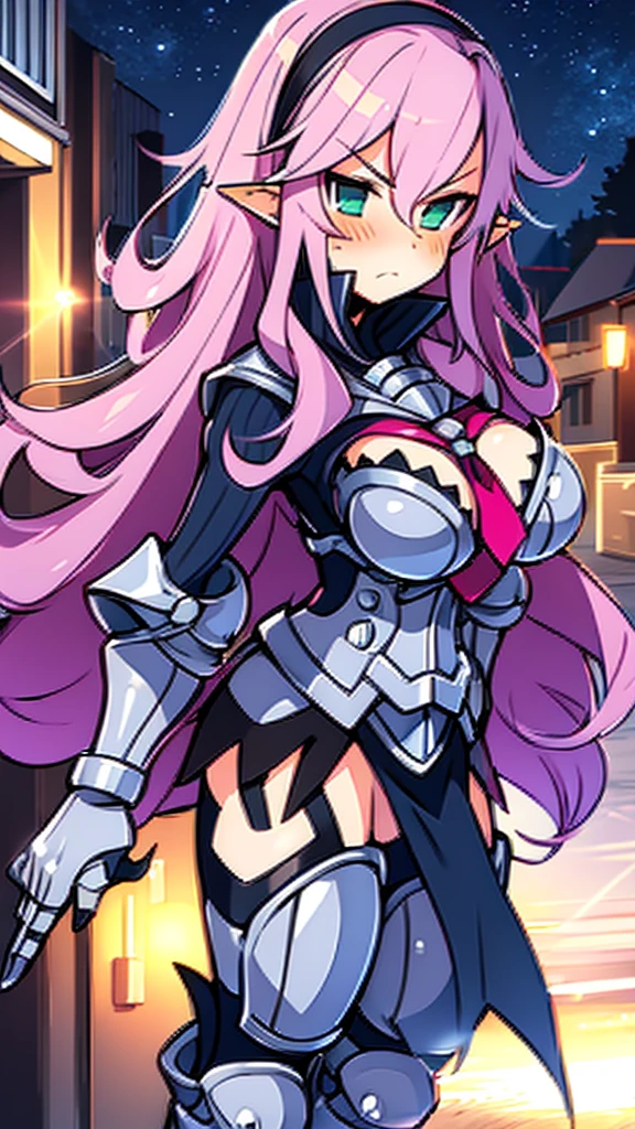 akniht,long blush-pink colored hair,pointy ears, light green eyes, busty,
hairband,armor,gauntlets,black thighhighs,black panties,armored boots,garter straps,greaves,
long blue pelvic curtain to knees,tie between cleavage,
night,
standing,upper body,
(best quality),