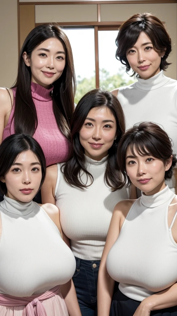 (((A group photo of the top 3 beautiful Japanese moms)))、Everyone has different types and hairstyles, but they are beautiful.、((All of them are obscene and have long breasts that are too big.))、different sexual poses、All wearing white turtleneck sleeveless knit sweaters、Full of big breasts、A room filled with the smell of meth、((Everyone emphasizes their big breasts))、living room、Past-up horizontal group photo