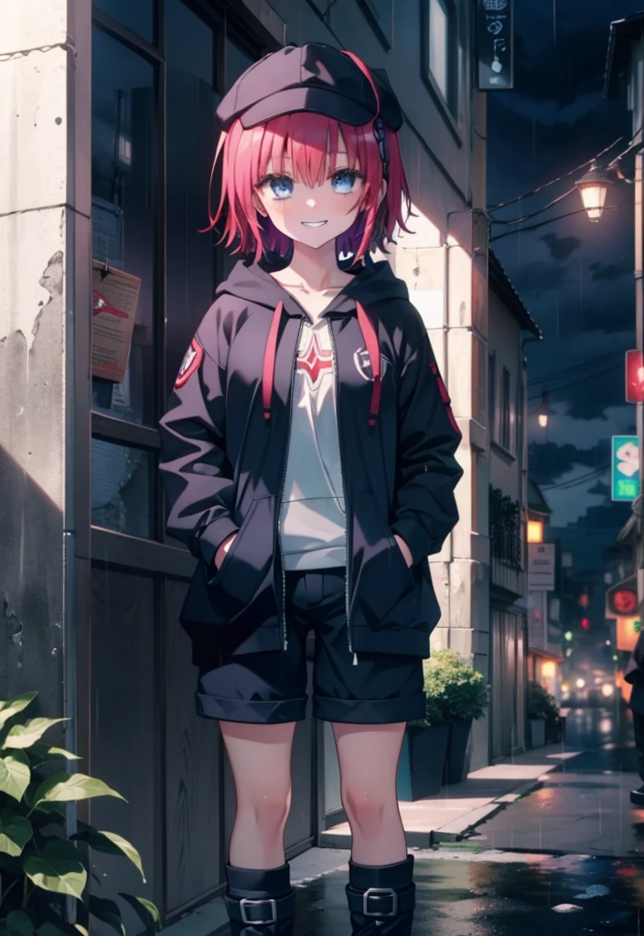 (masterpiece, Highest quality:1.2),shape,8K,High resolution,mea kurosaki,Mea Kurosaki,Redhead,Long Hair,Purple eyes,1 Girl,Baseball hats,Oversized black hoodie,Black shorts,short boots,Grin,smile,Both hands are in the pockets of the hoodie,Hiding in a roofed building,Standing leaning against a wall,rain,night,cloudy,whole bodyがイラストに入るように,
break looking at viewer,whole body,
break outdoors, Alley,
break (masterpiece:1.2), Highest quality, High resolution, ユニティ 8K 壁紙, (shape:0.8), (Beautiful and beautiful eyes:1.6), Highly detailed face, Perfect lighting, Highly detailed CG, (Perfect hands, Perfect Anatomy),