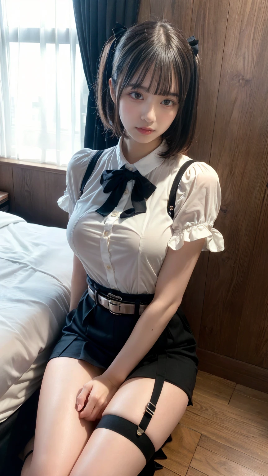 masterpiece, best quality, illustration, Super detailed, fine details, High resolution, 8K,wall paper, perfect dynamic composition,(Details High quality, realistic depiction of eyes:1.3),  (Hanging with hands tied above head、Kneeling), (collared shirt:1.1), pleated skirt, short bob hair、black hair color, Big Natural Color Lip, crying a little、 26 year old girl、beautiful legs, hotel room, gravure idol,  A tight collored shirt that expresses the roundness and softness of your chest., Don't expose it