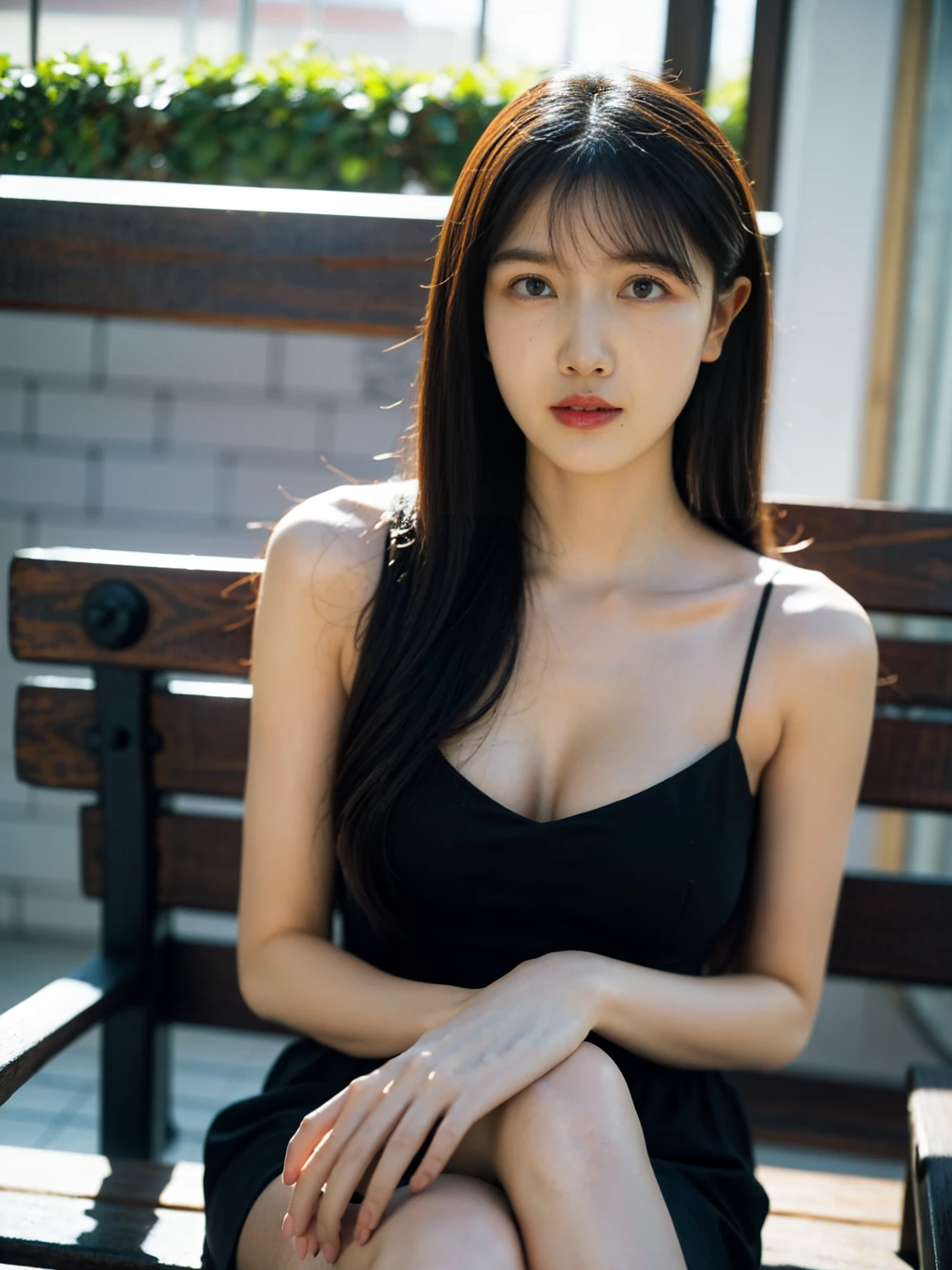 1girl, woman, masterpiece, best quality, highest quality, cinematic lighting, (volumetric lighting), extremely detailed CG unity 8k wallpaper, focused, 8k wallpaper, extremely detailed, ultra realistic, photorealistic, sharp focus, absurdres, (HDR:1.2), (high contrast), photograph, detailed and intricate, instagram, portrait, highly detailed, digital painting, artstation, concept art, smooth, sharp focus, illustration, cinematic lighting, (big breast:1.2), medium shoulder,(a sexy young girl sitting on a bench and crossed legs), ((detailed bench)), ((eyes to eyes view))