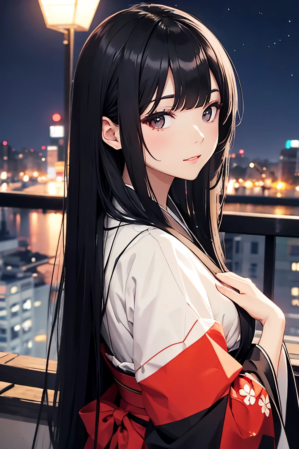 Long black hair, kimono, night