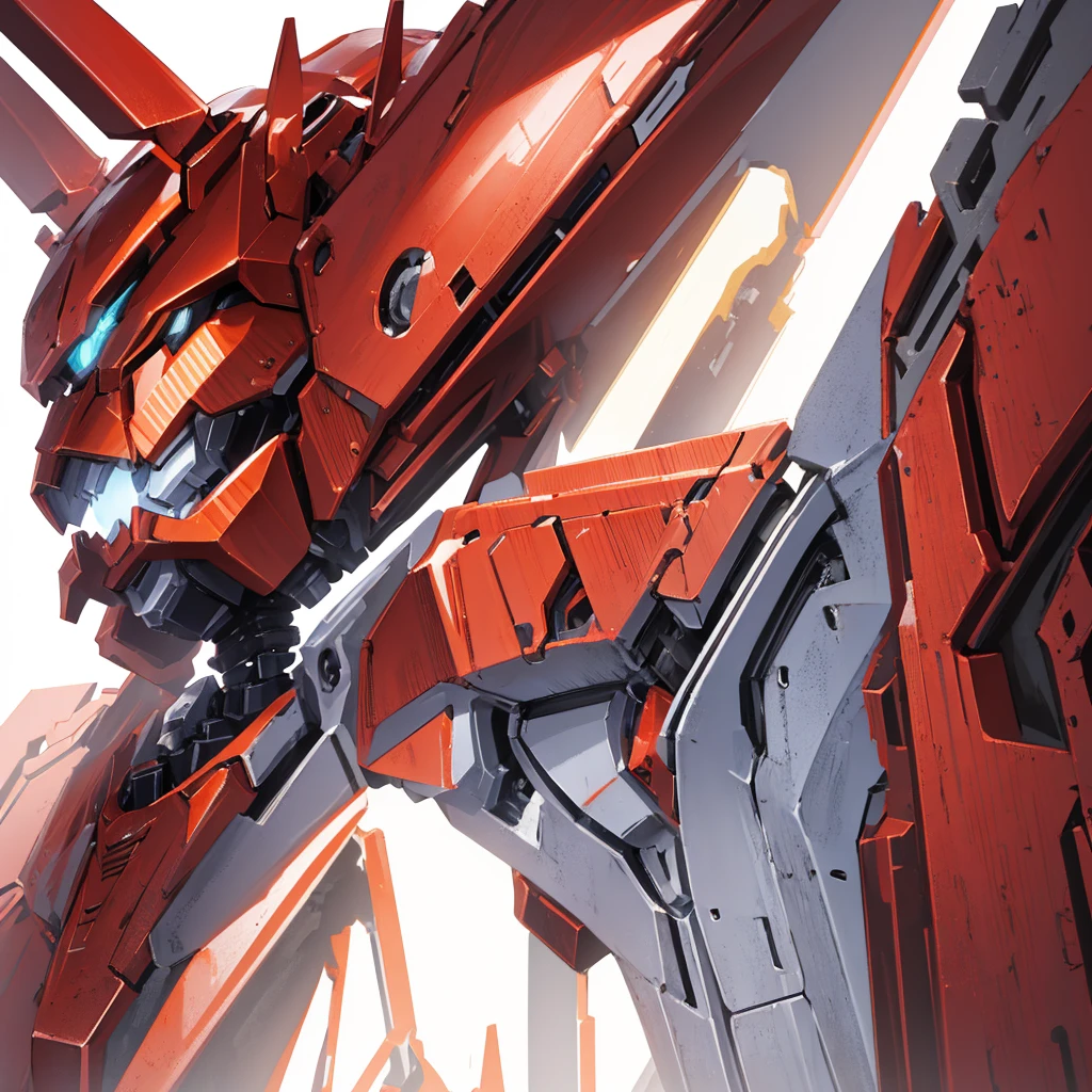 A red mecha made of steel,There is no one in the picture,A huge mecha shining with golden light,((Pure white background))
