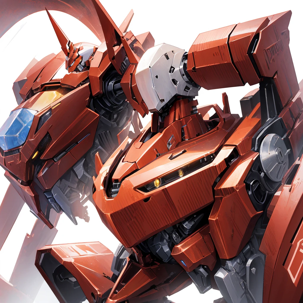 A red mecha made of steel，There is no one in the picture，A huge mecha shining with golden light，((Pure white background))