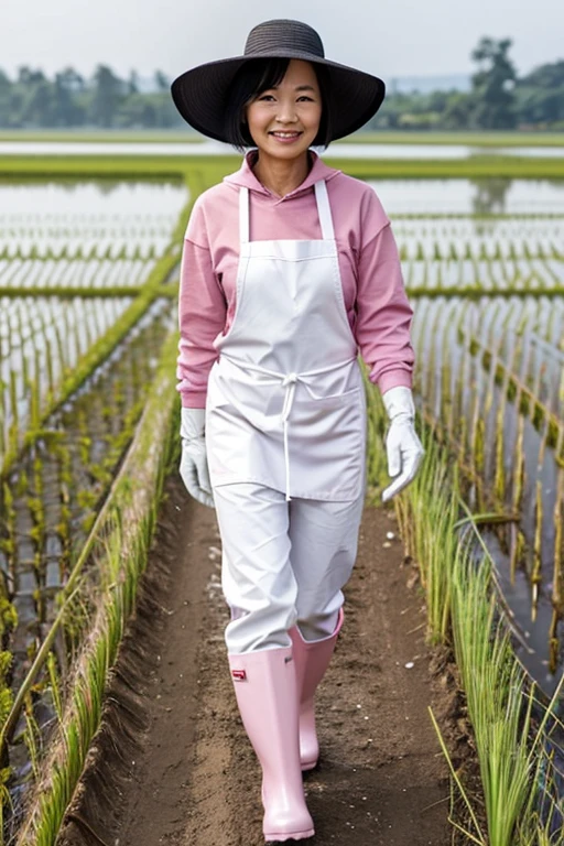 A broad-forehead, black-haired Japanese mature woman wearing pink long rubber gloves, white rubber boots, a white apron, a hat, jeans and a sweatshirt walking through a rice field with a gentle smile