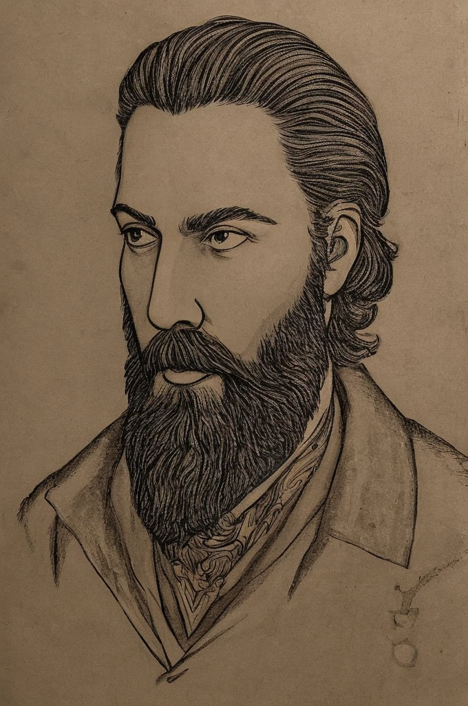 Draw a portrait of an ex-military man for the tabletop RPG game Call of Cthulhu. he is 30 years old, black hair and a trimmed beard. Your eyes reflect a mix of determination and restlessness, as if carrying the weight of unfathomable secrets. The lines of the face show a firmness marked by combat experiences, but also a shadow of distrust in the face of the unknown. Ele veste uma jaqueta de couro surrada, with an amulet hanging around his neck, and holds an antique lantern that illuminates a dark, claustrophobic hallway, suggesting a journey in search of answers beyond the veil of common reality