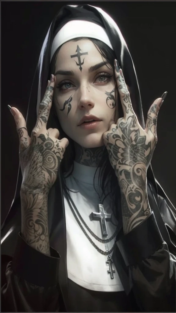 Create a similar photo of a beautiful nun with tattoos on face and hands. Best hyper realistic