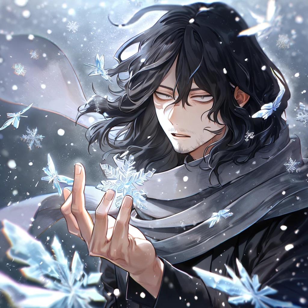absurdres, highres, ultra detailed, HDR, master piece, best quality, Eraser Head, black hair, expressive gray eyes, medium hair, faint beard, Boku No Hero Academia, solo, sexy man, handsome, gray scarf, black clothes, magical, fantasy, snowflakes, ice butterflies, ice, snowing