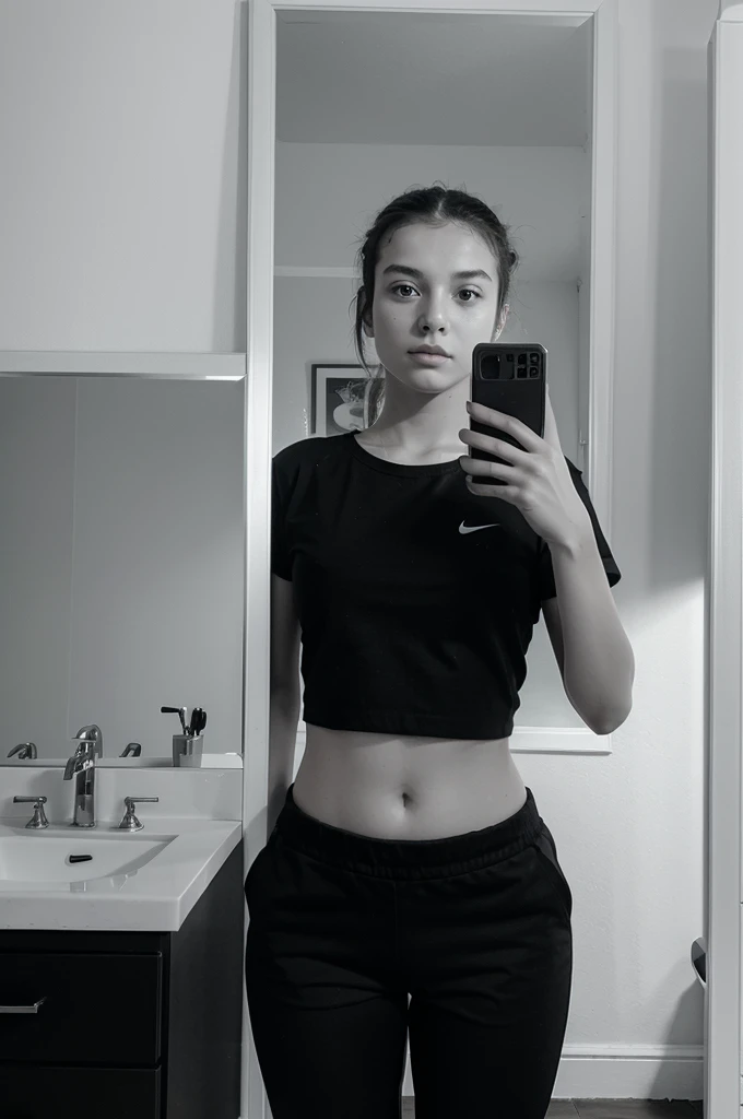 Create an image of a girl in front of the mirror taking a photo with black Nike pants and a slightly short shirt and she is leaning a little and everything is in black and white She is