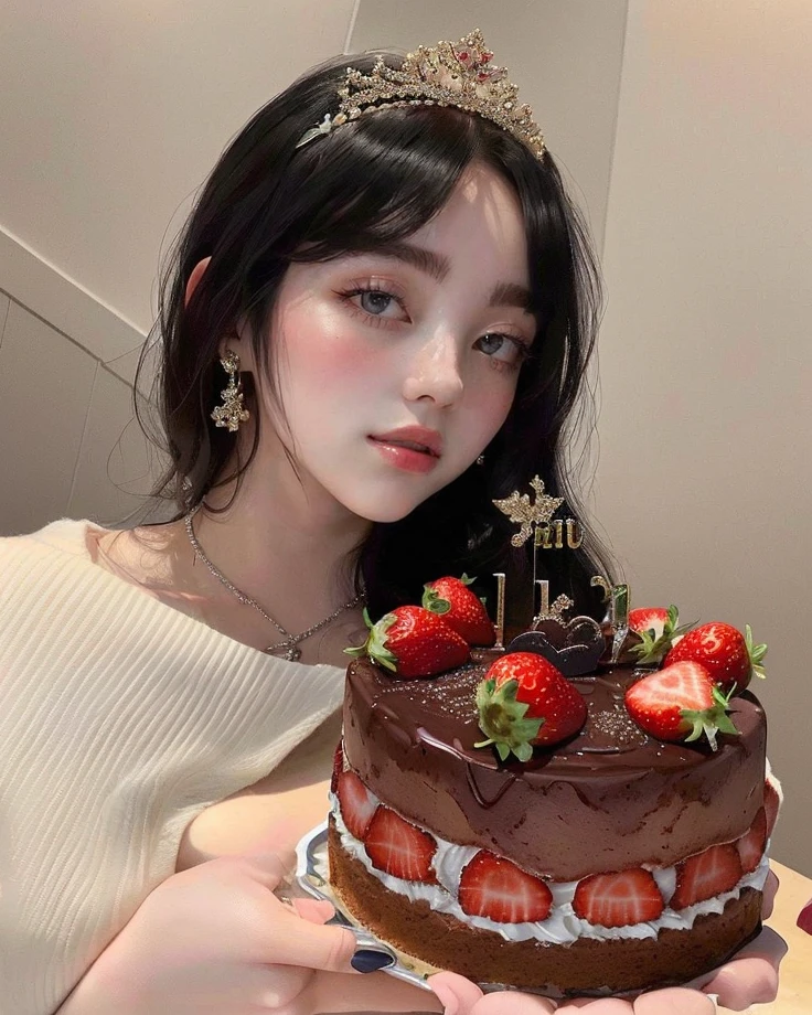 woman wearing a tiable holding a cake with strawberries on it, jinyoung shin, dilraba dilmurat, heonhwa choe, ulzzang, lee ji - eun, lee ji-eun, tzuyu from twice, cute korean actress, 2 2 years old, jaeyeon nam, 21 years old, 2 8 years old