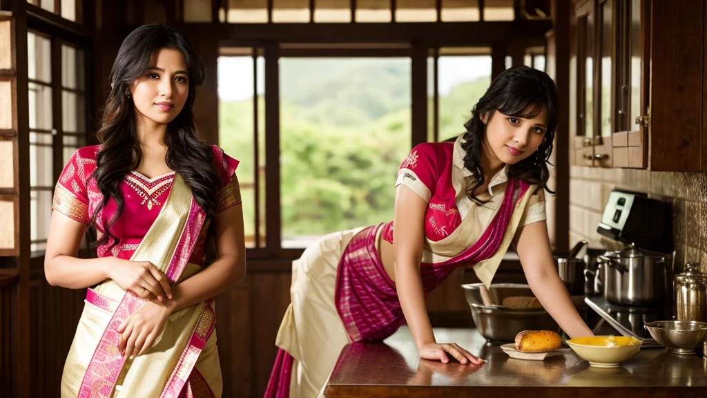 wrc style, woman, lewd pose, seductive look look, apron, kitchen, medieval with
in saree setting