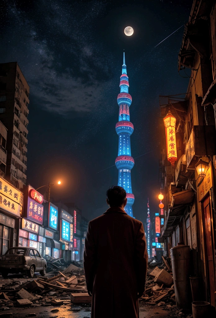 Blurred night view of china city, The light of the car, Flickering buildings, The city's demolition, And the moon rising in the distance forms the background. One man stands with his back turned. The stars shining above the man shine softly. Under the man's feet, a broken clock and an hourglass are visible. The overall color is vintage and warm. He is mature and wearing a coat
