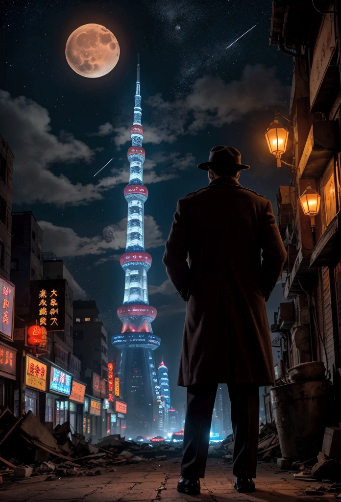 Blurred night view of china city, The light of the car, Flickering buildings, The city's demolition, And the moon rising in the distance forms the background. One man stands with his back turned. The stars shining above the man shine softly. Under the man's feet, a broken clock and an hourglass are visible. The overall color is vintage and warm. He is mature and wearing a coat
