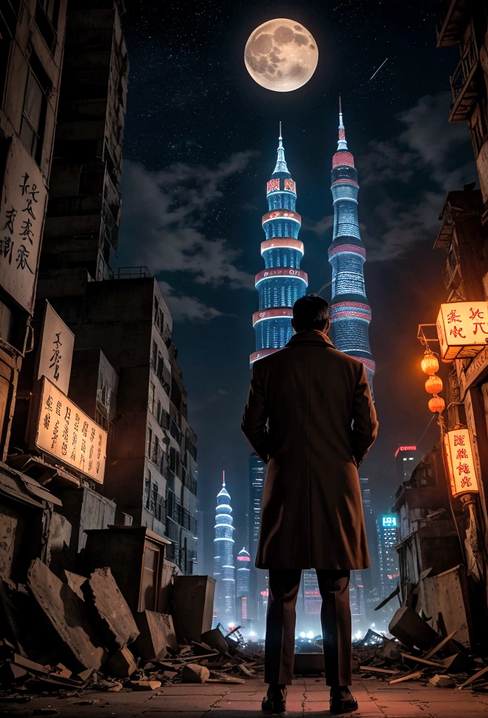 Blurred night view of china city, The light of the car, Flickering buildings, The city's demolition, And the moon rising in the distance forms the background. One man stands with his back turned. The stars shining above the man shine softly. Under the man's feet, a broken clock and an hourglass are visible. The overall color is vintage and warm. He is mature and wearing a coat