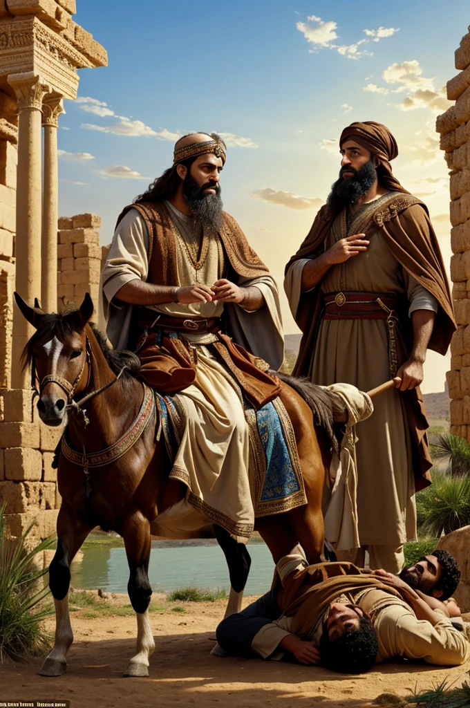 Create a man with light brown skin color,dressed in ancient Armenian style clothing,drawing rays from his body and his eyes,with medium long curly hair and medium beard,while two men watch in surprise as it floats above them,a man is riding a brown donkey and is offering a crown to the floating man,while the other man kneels in surprise,These two men are dressed very poorly as in the time of the apostles,with blankets on the head,all this happens on a coast with grass and palm trees,mesopotamian oasis style