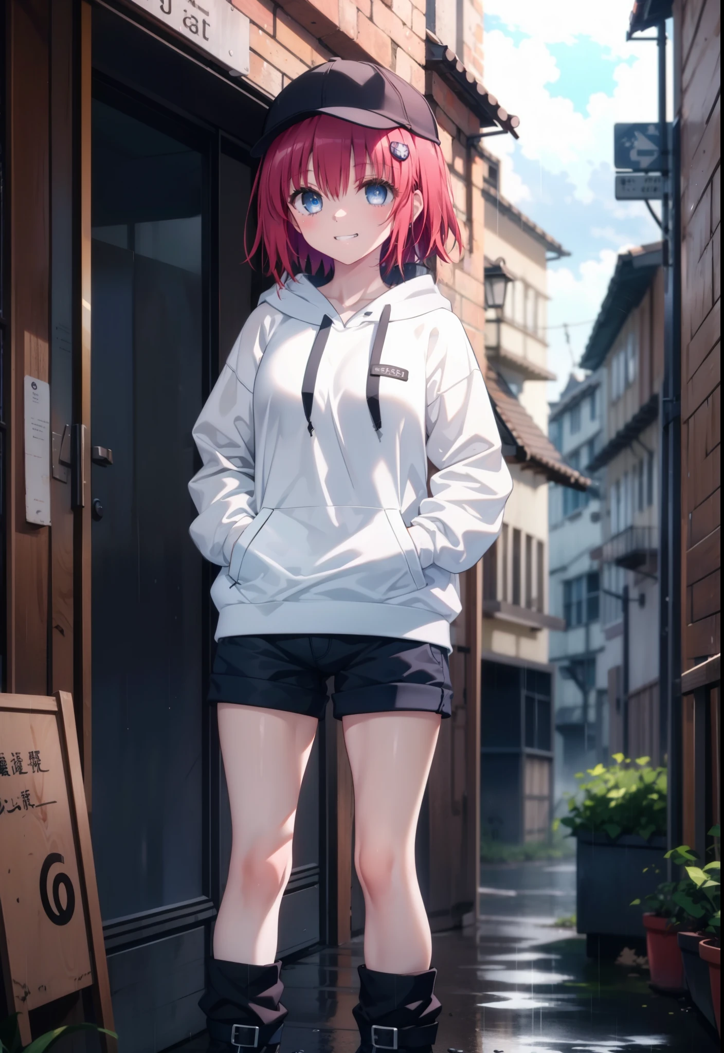 (masterpiece, Highest quality:1.2),shape,8K,High resolution,mea kurosaki,Mea Kurosaki,Redhead,Long Hair,Purple eyes,1 Girl,Baseball hats,Oversized black hoodie,Black shorts,short boots,Grin,smile,Both hands are in the pockets of the hoodie,Hiding in a roofed building,Standing leaning against a wall,rain,night,cloudy,whole bodyがイラストに入るように,
break looking at viewer,whole body,
break outdoors, Alley,
break (masterpiece:1.2), Highest quality, High resolution, ユニティ 8K 壁紙, (shape:0.8), (Beautiful and beautiful eyes:1.6), Highly detailed face, Perfect lighting, Highly detailed CG, (Perfect hands, Perfect Anatomy),