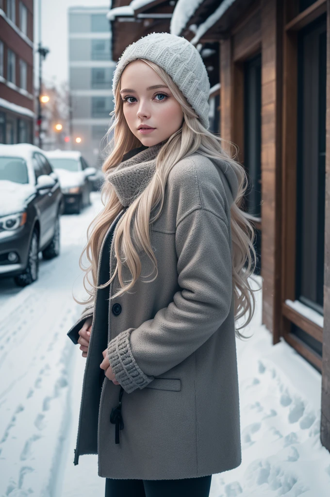 professional photography of a beautiful norwegian girl in winter clothes with long wavy blonde hair, sensual and seductive look, beautiful symmetrical face, beautiful natural makeup, wearing chic warm winter fashion clothing, ((standing outside on the snowy city street)), impressive modern urban environment, ultra realistic, conceptual artwork, chic, highy detailed, intricate, sharp focus, Depth of field, f/1. 8, 85 mm, medium shot, mid shot, (((professional color grading))), soft and bright diffused light, (Volumetric fog), Trends on Instagram, HD 4k, 8K
