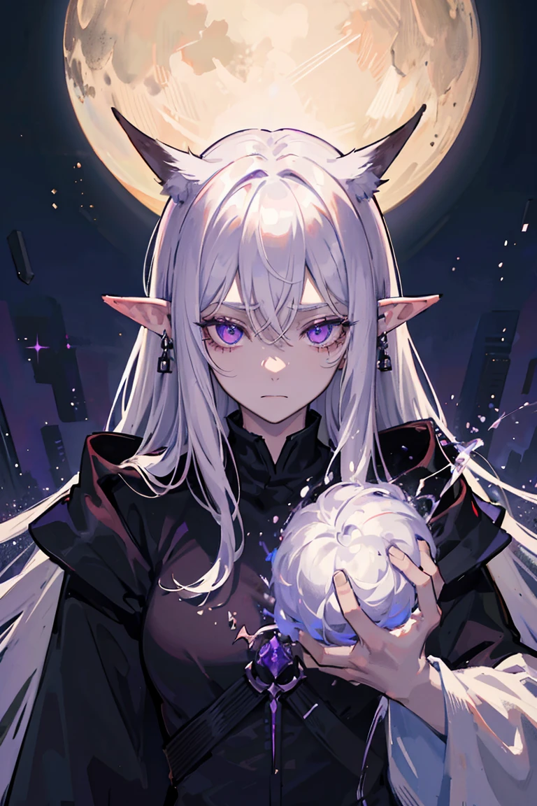 masterpiece, high quality, perfect face, 1man, male, tall, dark elf, short messy white hair, glowing purple eyes, scared hesitant confused expression, shy, dark skin, long elf ears, tired eyes, eyebags, black robe