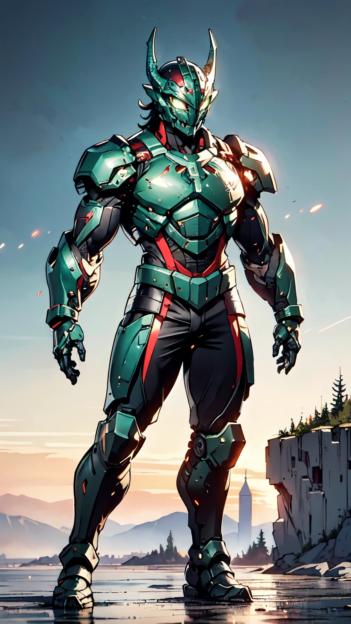 A man wearing a full-face helmet, a fantasy-style biotech armored combat suit, green eyes, (a composite layered chest armor), fully enclosed shoulder guards, matching arm and leg guards, the belt is adorned with dragon claw grasping orbs, (the color scheme is primarily black with red accents), the design balances heavy with agility, a high-tech bio-mecha armor, (Armor Concept Inspired by Dragons, stand on the top of a skyscraper in a futuristic sci-fi city), this character embodies a finely crafted fantasy-surreal style armored hero in anime style, exquisite and mature manga art style, (element, plasma, energy, the armor glows), ((male:1.5)), metallic, real texture material, dramatic, high definition, best quality, highres, ultra-detailed, ultra-fine painting, extremely delicate, professional, perfect body proportions, golden ratio, anatomically correct, symmetrical face, extremely detailed eyes and face, high quality eyes, creativity, RAW photo, UHD, 32k, Natural light, cinematic lighting, masterpiece-anatomy-perfect, masterpiece:1.5