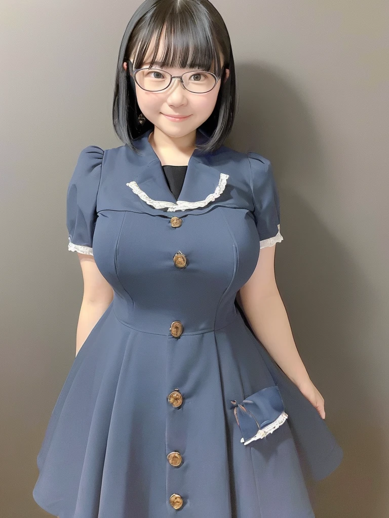 (masterpiece:1.3)、(Highest quality:1.3)、(8K:1.3)、(Very detailed:1.3)、(Realistic:1.3)、(very precise picture)、(Very accurate outfit)、girl、alone、Realistic、View your viewers、Black Hair、Glasses、Simple Background、(smile)、Big Breasts、A little chubby、whole body、One-piece dress with buttons and collar、Thin and beautiful legs、See-through