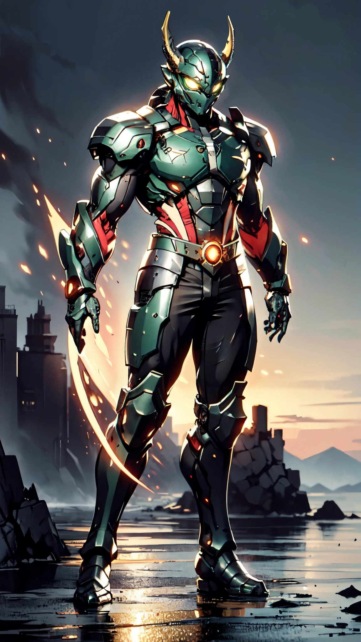 A man wearing a full-face helmet, a fantasy-style biotech armored combat suit, green eyes, (a composite layered chest armor), fully enclosed shoulder guards, matching arm and leg guards, the belt is adorned with dragon claw grasping orbs, (the color scheme is primarily black with red accents), the design balances heavy with agility, a high-tech bio-mecha armor, (Armor Concept Inspired by Dragons, stand on the top of a skyscraper in a futuristic sci-fi city), this character embodies a finely crafted fantasy-surreal style armored hero in anime style, exquisite and mature manga art style, (element, plasma, energy, the armor glows), ((male:1.5)), metallic, real texture material, dramatic, high definition, best quality, highres, ultra-detailed, ultra-fine painting, extremely delicate, professional, perfect body proportions, golden ratio, anatomically correct, symmetrical face, extremely detailed eyes and face, high quality eyes, creativity, RAW photo, UHD, 32k, Natural light, cinematic lighting, masterpiece-anatomy-perfect, masterpiece:1.5