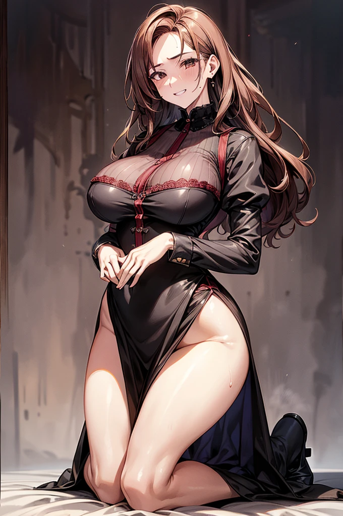 masutepiece, Best Quality, High resolution, solo, 1girl, Full body, Description Girls, detail hands, Detail fingers, Detail Face, cute face, detail legs, overdetailed art, Fine details, Huge breasts, Huge ass, steam, Sweat, wavy hair, brown hair, solo, milf, evil grin, housemaid