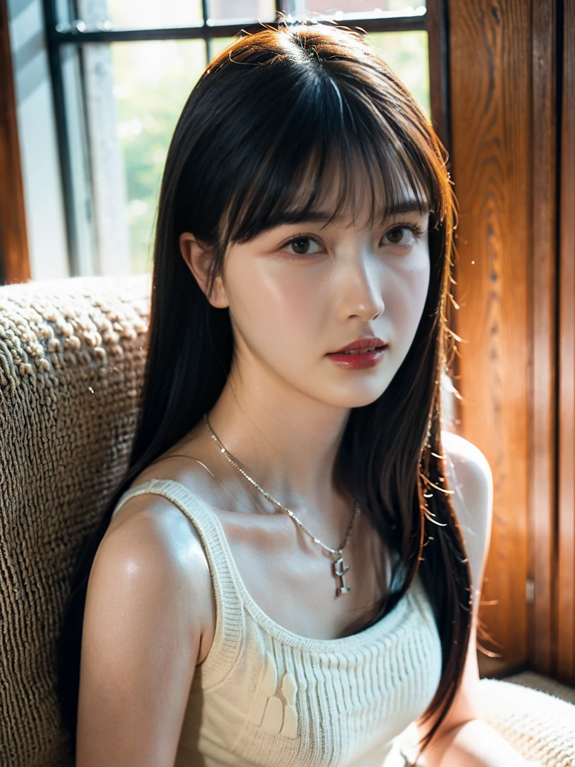 1girl, woman, masterpiece, best quality, highest quality, cinematic lighting, (volumetric lighting), extremely detailed CG unity 8k wallpaper, focused, 8k wallpaper, extremely detailed, ultra realistic, photorealistic, sharp focus, absurdres, (HDR:1.2), (high contrast), photograph, detailed and intricate, instagram, portrait, highly detailed, digital painting, artstation, concept art, smooth, sharp focus, illustration, cinematic lighting, (big breast:1.2), medium shoulder, ((wearing neckless knit tank top))