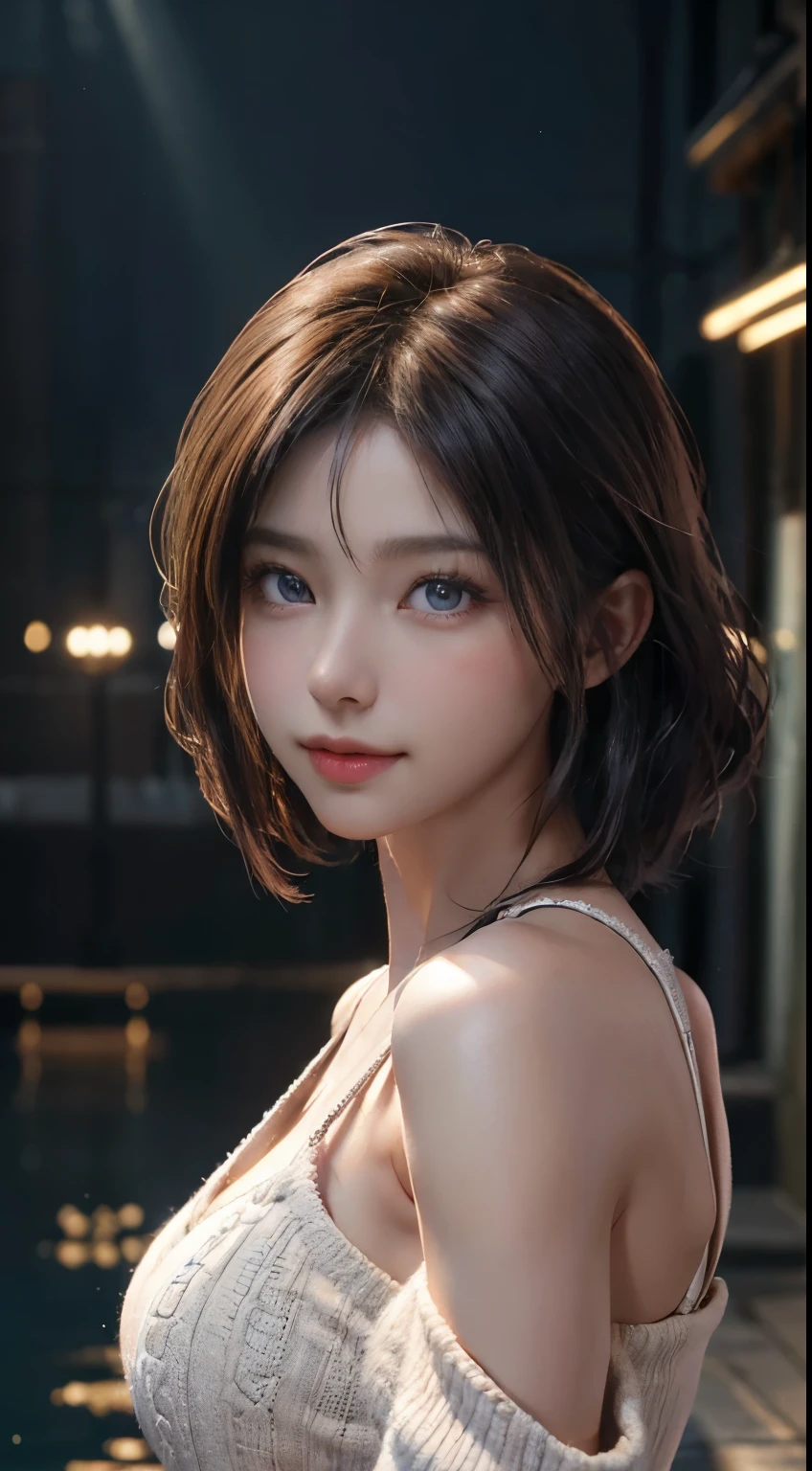 (logo, masterpiece, 8K, Tabletop, RAW Photos, wonderful, 最high quality, Photorealistic and very detailed CG composite 8k wallpaper, high quality, Very detailed, Narrative poem, Particle Effects, Dynamic Effects, Depth of the Boundary, Cinematic Light, Lens flare, Ray Tracing), short hair beautiful young woman, Hair tied back, high detail skin, very fine, fine skin texture, beautiful face, realistic eyes, beautifully detailed eyes, realistic skin, beautiful skin, surreal, smiling eyes, Hair and light eyes, Vibrant, Colorful lights and bokeh. The lighting casts a warm glow on her face and hair, Blue glow, Water surface reflection, Creates a dreamy and magical atmosphere, Big Breasts, Brown Hair, short hair, plump lower lip, pink blush on the cheeks , pink lips, brown tight no-shoulder knit sweater