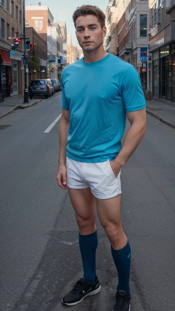 Generate a picture of a beautiful men with blue eyes, full size picture, top to bottom, 4k, head to leg picture, standing in canada streets