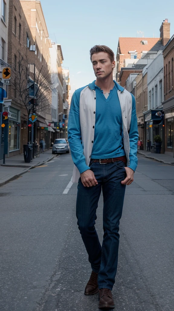 Generate a picture of a beautiful men with blue eyes, full size picture, top to bottom, 4k, head to leg picture, standing in canada streets
