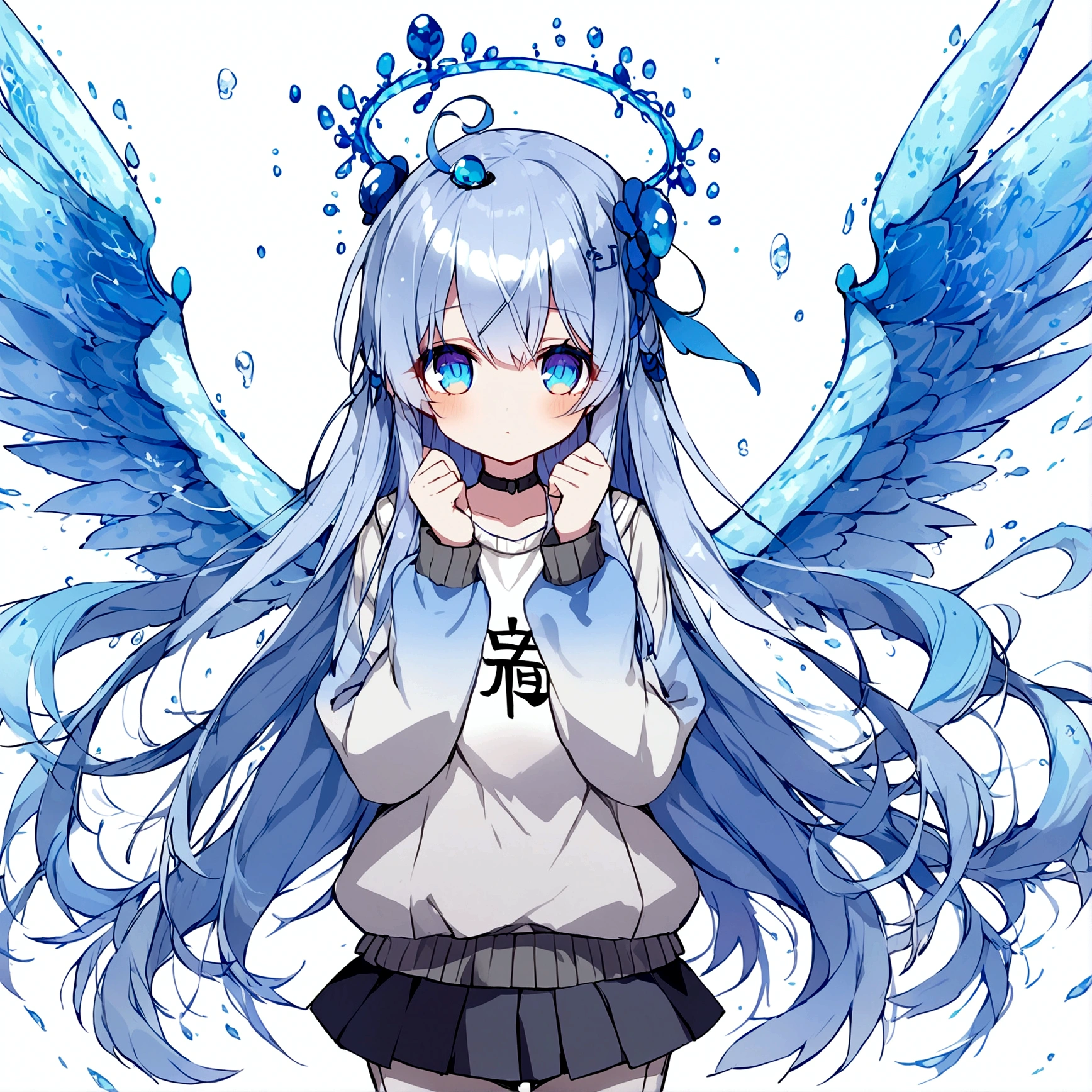 anime girl has blue long hair, drop of water drawn on the pupil, light blue eyes, a sweatshirt with the kanji 水, grey pants, with wings made of water, a blue halo on the head made of water 